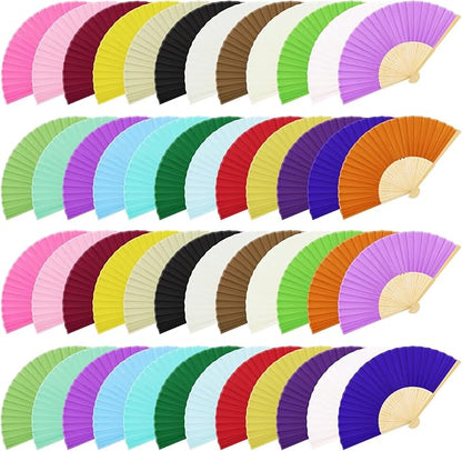 URATOT 48 Pieces Folding Fans Silk Bamboo Folding Fans Handheld Fans for Wedding, Party Decoration (Assorted Colors)