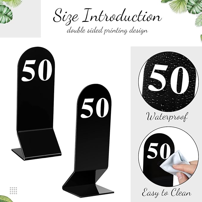 Remerry 50 Pcs Table Numbers 1-50 Acrylic Double Sided Number Cards Acrylic Tent Table Holders Tent Cards Wedding for Restaurant, 2.36 x 6.3 Inch (Black)