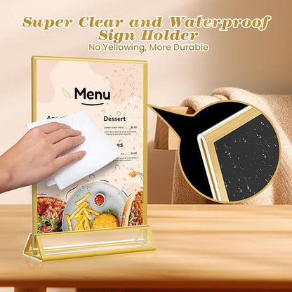 Gold Acrylic Sign Holder 4x6, 16 Pack Wedding Gold Frame Table Number Holders Vertical, Clear Picture Frames Flyer Stands Tables Menu Holder, Double Photo Paper Display Holder for Party, Home, Office