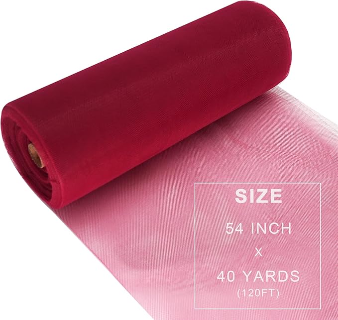 Deep Red Tulle Fabric Roll Spool Bolt (54 Inch by 40 Yards) Large Tulle Wedding Party Decoration, Tutu Skirt, Table Runner, Gift Wrapping, Bridal Shower, Soft & Drape (Burgundy)