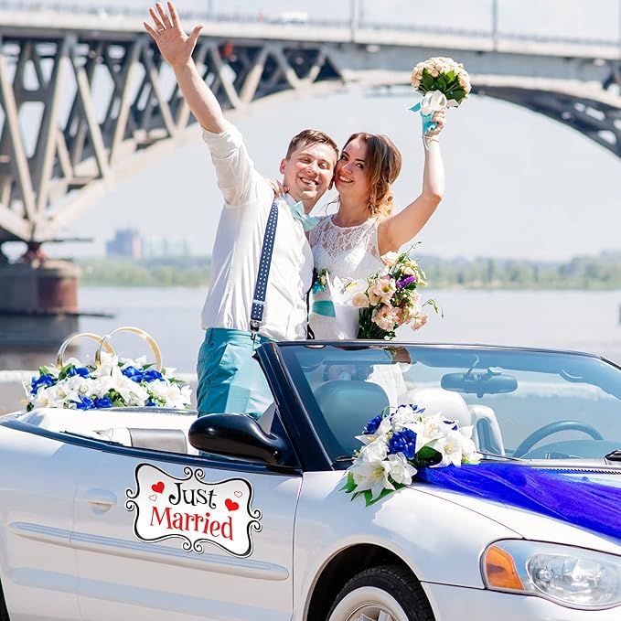 2 Pcs Large Just Married Car Decorations Just Married Car Magnets Sign Decoration 13.9 x 8.8 Inch Honeymoon Rear Tailgate Magnet Stickers for Wedding Door Panel Refrigerator(Black and Red)