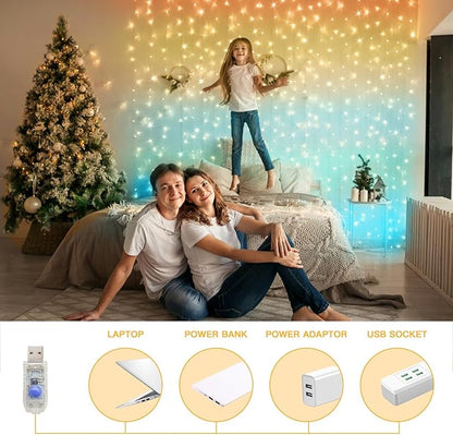 suddus Curtain Lights, 180 Led 6.5 * 5.9ft Sunset Curtain Fairy Lights USB, Hanging Lights for Bedroom, Backdrop, Room Decor, Wall, Window, Party, Tapestry, Multicolor