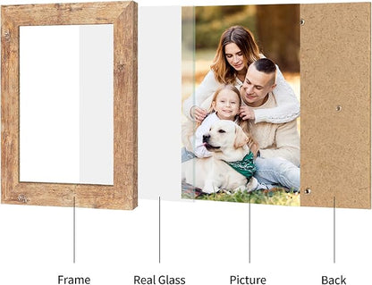 6x9 Picture Frame Set of 4, High Definition Real Glass Rustic Brown Frame, 6 x 9 Wood Photo Frames for Tabletop Display and Wall Mounting