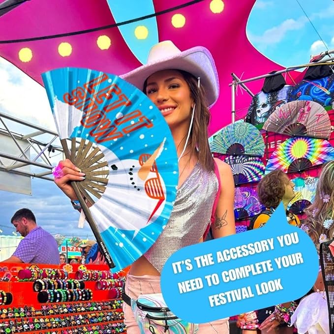 Kandies World UV Reactive Custom Festival Folding Hand Fan - Unique Designs, Made of Bamboo, Clacking Sound, Lightweight - Perfect Rave and Festival Accessory!