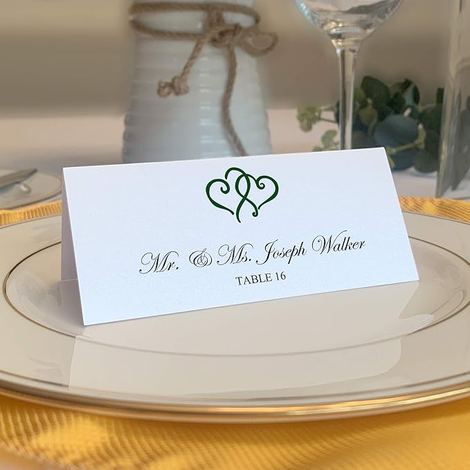 Linked Hearts Place Cards, Hunter Green (Choose Color), Set of 60, Pre-cut and Scored - Wedding, Party, Dinner, and Special Events - Made in the USA