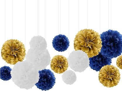 Navy-Blue White Gold Paper Flowers - 15pcs 5 Size Tissue Paper Pom-Poms,Men Birthday Graduation Bachelorette Decorations Baby Boy Room Hanging Decor Engagement Party Backdrop Decoration Panduola