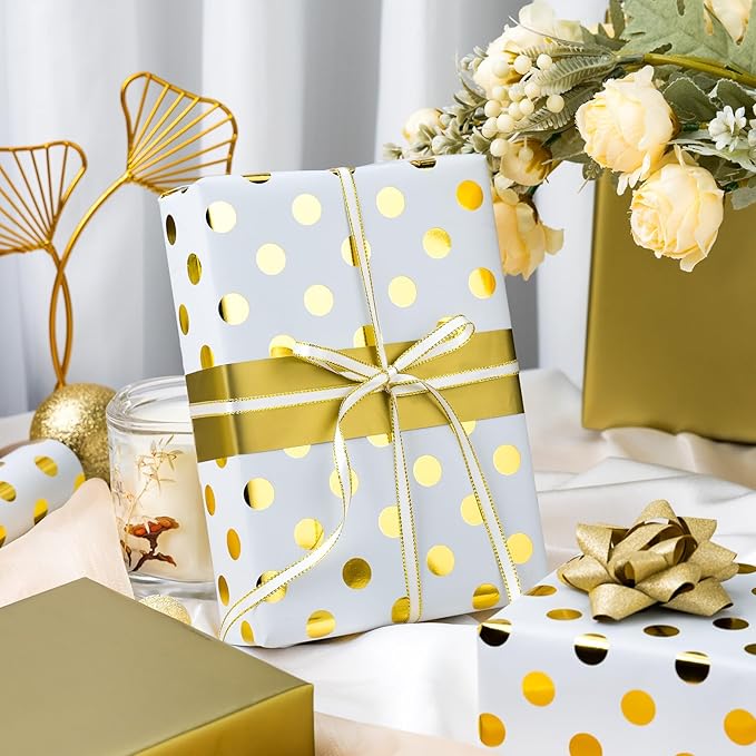 Burymento Platinum Dots Wrapping Paper, Reversible Gold Gift Wrap for Birthday, Valentines, Mothers day, Graduation, Wedding, Fathers day, Baby Shower, Christmas (17in x 32.8ft)