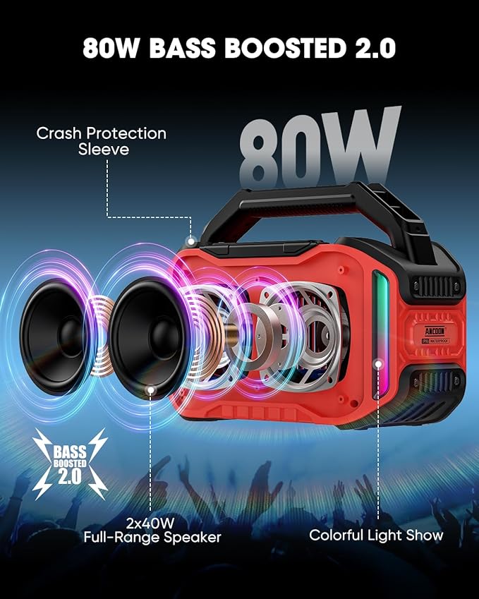 Speakers Bluetooth Wireless: 80W(Peak) Loud Speaker with Bass, 20H Playtime, IPX6 Waterproof, Large Jobsite Speakers for Work, Outdoor, Workshop, Garage, Portable Speaker with TWS (Red)