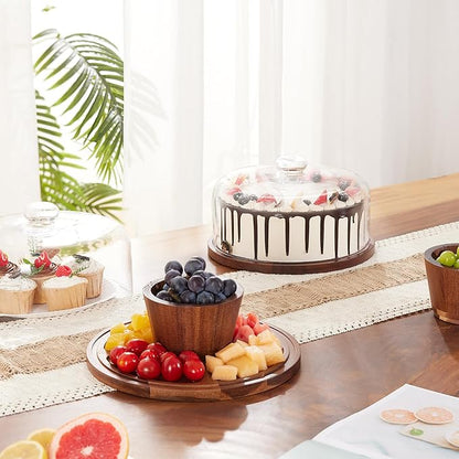Wooden Cake Stand with Lid, Acacia Cake Stand with Glass Dome, 11-Inch Versatile Dessert Stand with Strong Magnetic Pedestal, Cake Holder for Birthday/Kitchen/Party/Charcuterie