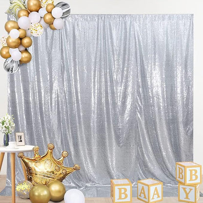 SquarePie Sequin Backdrop Not See Through Thick Stain Background for Photography Glitter Curtain Party 8FT x 8FT Silver