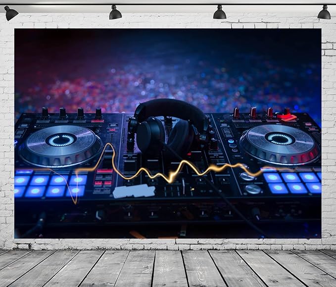 CORFOTO 15x8ft Fabric Dj Mixer with Headphones Backdrop Photography Dj Sound Equipment in Dark Background Musical Dance Disco Party Decorations Live Concert Stage Photoshoot Booth Studio Props