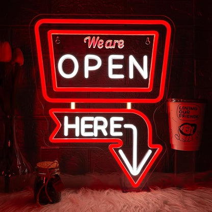 Ineonlife We Are Open Here Neon Sign Dimmable Neon Signs For Wall Decor Led Lights For Bar Man Cave Club Store Hotel Restaurant Coffee Shop Business Decor Gifts USB Powered 12.6x15.35in