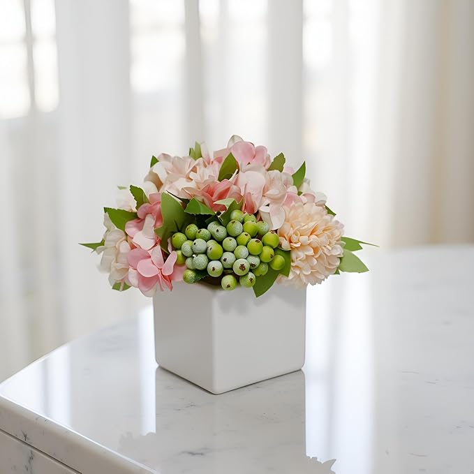 LADADA Artificial Hydrangea Flower Arrangement in Ceramic Vase and Vase Home Decoration Artificial Flower (Pink)