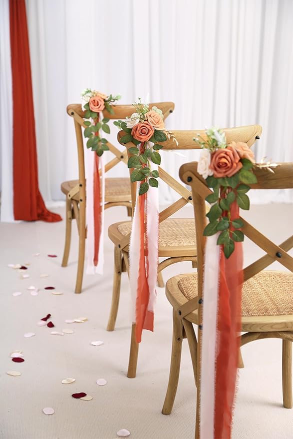 Wedding Aisle Decorations for Wedding Ceremony Set of 10 Pew Flowers for Church Chair Decorations Party Decor with Artificial Flowers Eucalyptus and Ribbons Terracotta