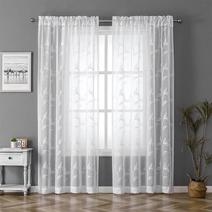 VISIONTEX Sheer Curtains 120 inch Length 2 Panels Set, White Voile Crushed Vine Leaves Embroidery, Rod Pocket Embroidered Window Drapes for Living Room and Bedroom, 54" x 120"