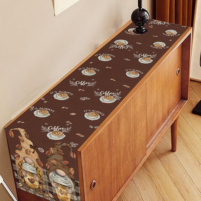 Coffee Time Table Runner, Farmhouse Retro Gnome Coffee Cup Tea Party Cafe Brwon Table Center Decor for Home Kitchen Dining Patio Holiday Party Indoor Outdoor Table Decorations,13"x36" Inch