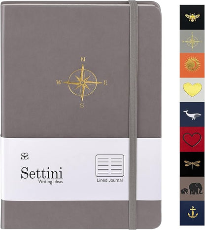 SETTINI Lined Journal, Ideal for Journaling - A5 Vegan Leather Notebook, 192 Archival-Quality Pages, QuillEase Bleed-Free Paper, Inner Pocket & Bookmark - Travel Journal for Men & Women, Grey Compass
