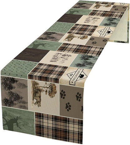 Bear Deer Table Runner,Rustic Lodge Retro Country Farmhouse Buffalo Plaid Print Tablecloth Burlap for Hotel Indoors Outdoor Dining Room Kitchen Home Decor,W13X L36 in