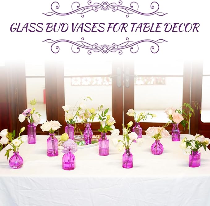 12PCS Hot Pink Vase for Flowers, Small Glass Bud Vases for Centerpieces Purple Flower Vase in Bulk for Home Office Decor