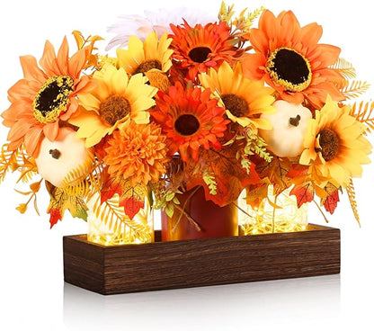 3 Pcs Fall Thanksgiving Tables Centerpieces Mason Jar Table Decor Set, Farmhouse Autumn Pumpkin Maple Leaf Branches Potted Plant with Wood Tray & LED Light, Harvest Dining Table Centerpieces