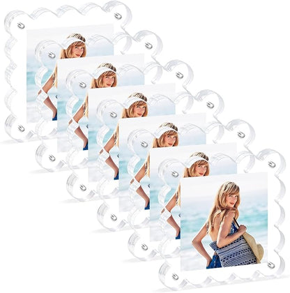 Acrylic Magnetic Picture Frames 4x4-6Pack Clear Freestanding Photo Frame.Double-Sided Scalloped Edges, 10+10mm Thick Block, for Modern Desktop Display &Perfect for Gifts (6 Pack, 4X4)