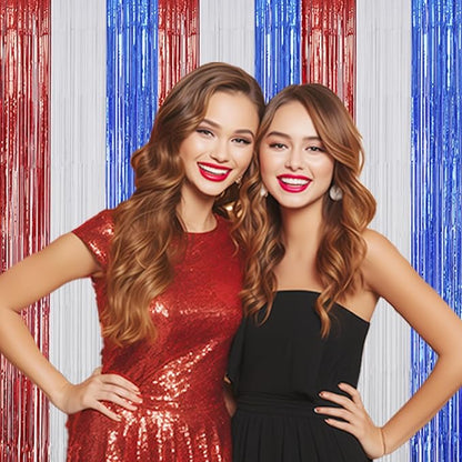 3 Pack Foil Fringe Backdrop - Red&White&Blue Shiny Tinsel Curtains for Party Decoration/Photo Booth Props - 3.3x8.2 FT Metallic Foil Backdrop for Birthday, Wedding, Graduation, Christmas.