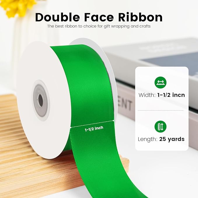 1-1/2 inch Double Faced Polyester Emerald Green Satin Ribbon, Perfect for Gift Wrapping Very Suitable for Weddings Party Hair Bow Invitation Decorations and More (25 Yards)