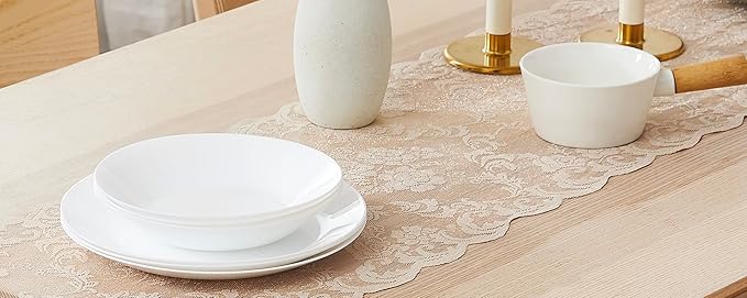 LinenZone Linen Table Runner with 2 Tassels for Rustic Vintage Decor. Lace Table Runner Works Great As Wedding, Thanksgiving or Christmas Decor. (Mia 14 x 96, Linen)