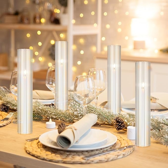 12 Pcs Hurricane Glass Candle Holders 2.5 x 14 Open Ended Tube Ribbed Shade Bottomless Chimney Cylinder Taper Candle Cover for Wedding Anniversary Table Centerpiece