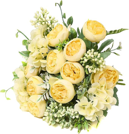 Artificial Flowers Fake Peony Silk Mini Plastic Bridal Flowers for DIY Wedding Bouquets Home Decorations 4 Packs(Light Yellow)