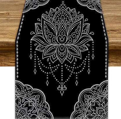 Lotus Flower Table Runner, Bohemian Ethnic Oriental Mandala Black White Floral Print Table Runner for Home Kitchen Dining Indoor Outdoor Dinner Party Decor, 13x90inch