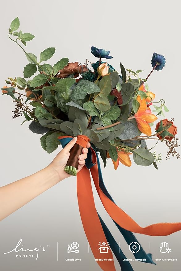 Ling's moment Teal Bridal Bouquet Cascading, Burnt Orange Wedding Bouquets for Bride, 13 Inch Terracotta Rust Fall Artificial Wedding Flower Bouquet