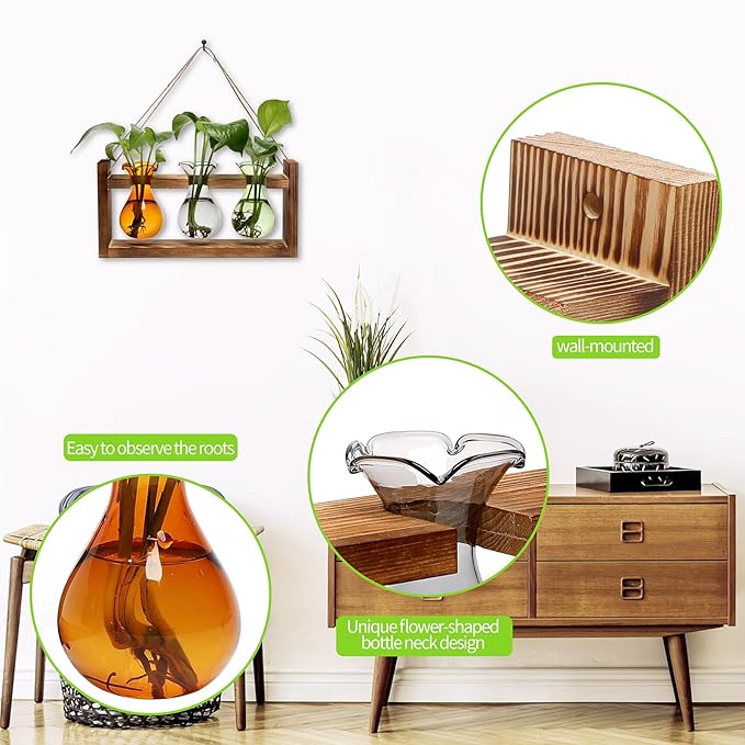 Plant Propagation Station Plant Terrarium Unique Birthday Gifts for Women Home Office Decor Planter with Wooden Stand - 3 Bulb Glass Vase