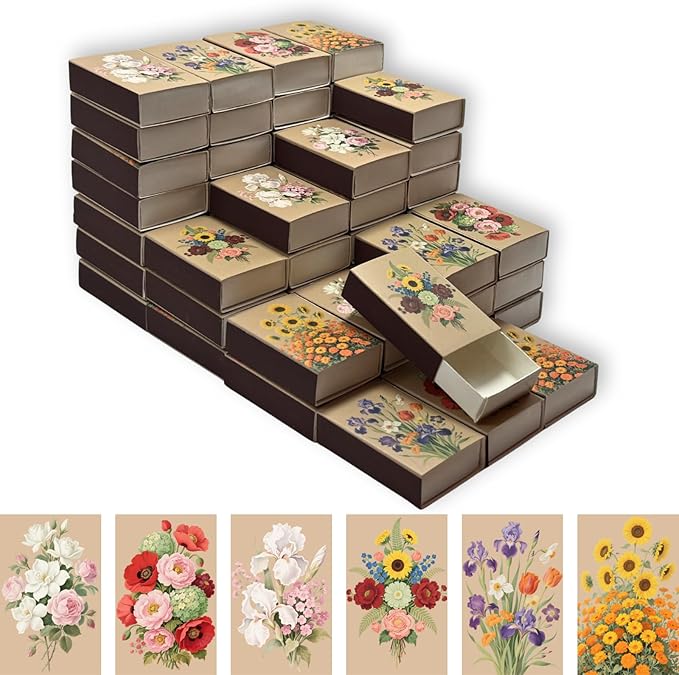 60pcs Flower Match Boxes, 2.25x1.42x0.59in Bulk Fall Spring Floral DIY Light Brown Storage Containers Holders Double-Sided Strikers Wedding Bridal Baby Shower Birthday Party Favor, No Matches Included