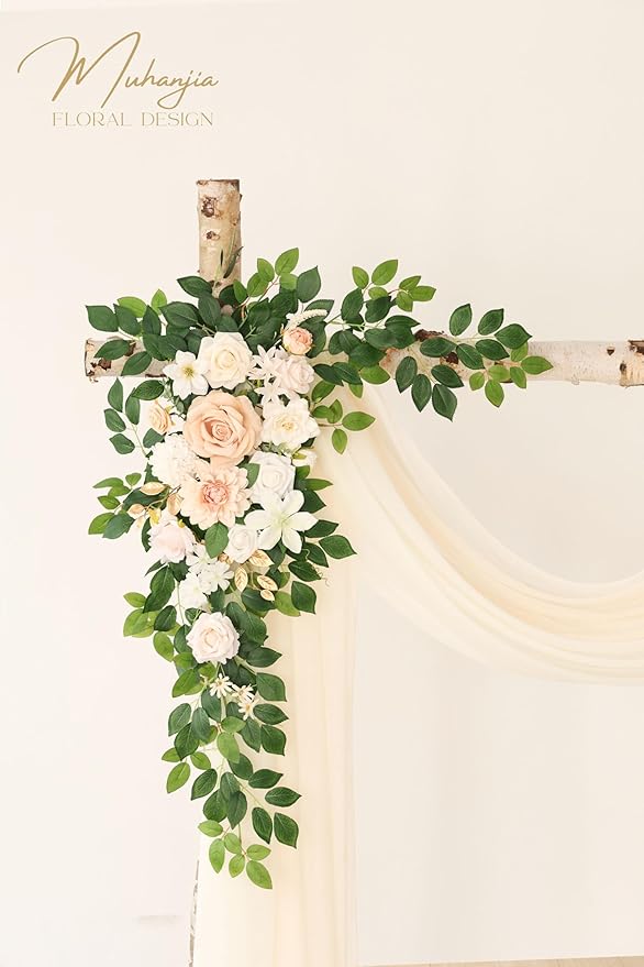 Artificial Wedding Arch Flowers Kit(Pack of 4),2Pcs Artificial Flower Arch Decor, 2Pcs Chiffon Fabric Drapes, Ceremony Decoration, Floral Outdoor Party Decor (Champagne & Cream)