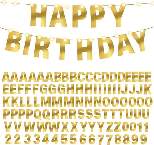 TaoBary 112 Pcs DIY Letter Kit Glitter Customizable Banner Letters Include 107 Letters and Numbers 3 Rope and 2 Needles for Birthday Halloween Christmas Wedding Valentine Party Decor(Bright Gold)
