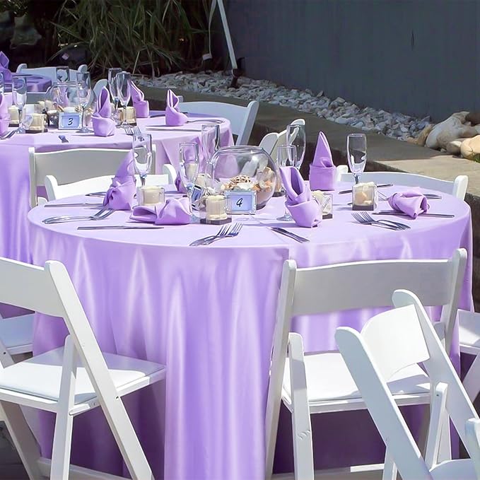 fani 12 Pack 120 Inch Lavender Satin Tablecloth - Silky Round Tablecloth Overlay Smooth Fabric Table Cover, Bright Table Decoration for Wedding Party Banquet Events Restaurant Kitchen Dining