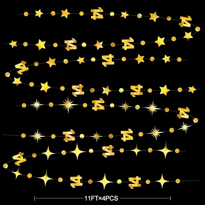 Gold 14th Birthday Decorations Number 14 Circle Dot Star Garland Metallic Hanging Streamer Banner Backdrop for Girls Boys Happy 14 Years Old Fabulous Birthday Fourteen Anniversary Party Supplies
