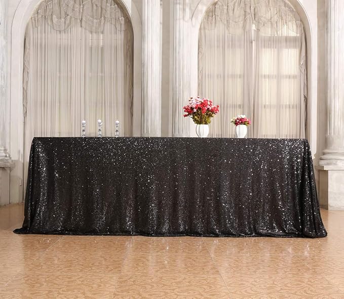 SquarePie Sequin Tablecloth 60 x 102 Inch Black Sparkly Table Cloth for Halloween Wedding Party