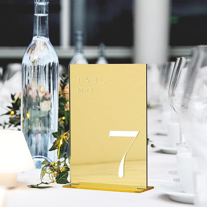 JINMURY Gold Wedding Table Numbers 1-30 with Stands, 5"x7" Gold Mirror Acrylic Table Numbers, Perfect for Wedding Reception, Party, Anniversary, Event