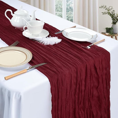 12 Pack Burgundy Cheesecloth Fall Table Runner 10ft Boho Gauze Fabric Cheese Cloth Table Runner 35 x 120 Inch Rustic Sheer Runner for Romantic Wedding Decor Baby Shower Party Centerpiece Decoration