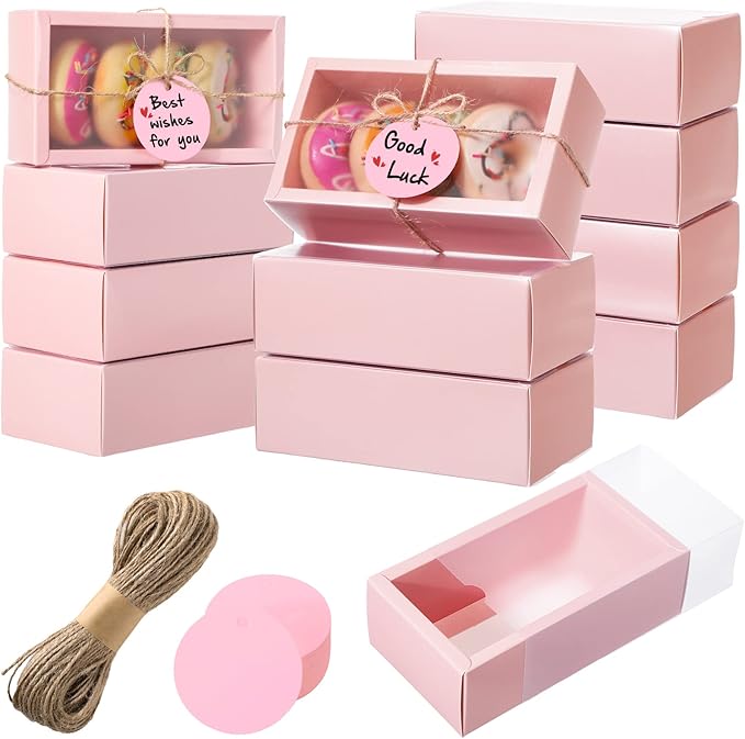 Roowest 50 Sets Kraft Soap Boxes Rectangle Packaging Box with Window Homemade Gift Box with Blank Tags and Jute String for Jewelry Candy Wrapping Party Favor(6.3 x 3.5 x 2 Inch,Pink)