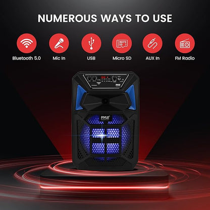 Pyle Bluetooth PA Speaker & Microphone System - Portable Karaoke Speaker with Wired Mic, Built-in LED Party Lights, FM Radio, MP3/USB/Micro SD Readers, Speaker Stand (8’’ Subwoofer, 400 Watt MAX)