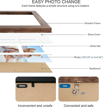 10x10 Picture Frame Set of 2, Real Glass and Rustic Brown Collage Frame, Display Pictures Four Opening 4x4 With Mat or 10 x 10 Without Mat for Wall Hanging or Tabletop