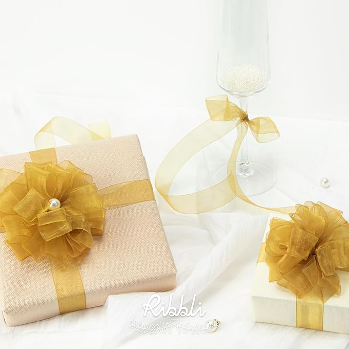 Ribbli Pale Gold Organza Ribbon,1 Inches x Continuous 50 Yard, Pale Gold Sheer Ribbon for Gift Wrapping,Cookie Wrapping,Wedding Decoration,All Crafting and Sewing