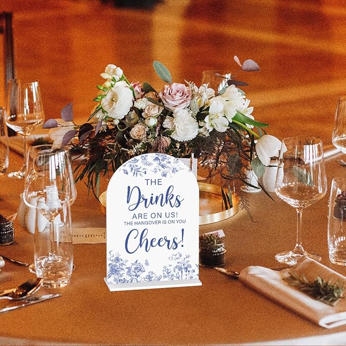 Acrylic Wedding Signs, Dusty Blue Wedding Decor, Blue Weddings Decor, The Drinks Signs for Reception, Modern Calligraphy Arch Acrylic Table Top Sign for Weddings Parties Dinners (White)