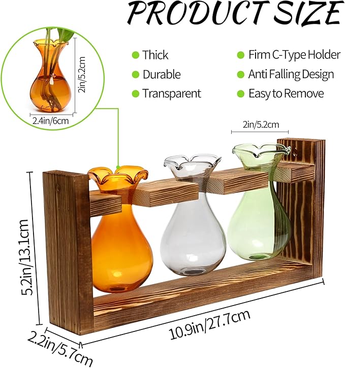 Plant Propagation Station Plant Terrarium Unique Birthday Gifts for Women Home Office Decor Planter with Wooden Stand - 3 Bulb Glass Vase