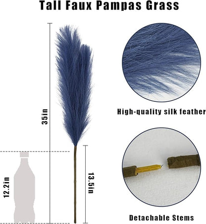 35" Faux Pampas Grass Decor, 8pcs Large Tall Fluffy Artificial Pompous Grass Branches Floral Fake Pompas Grass Bulrush Floor Vase Filler Flower Arrangement for Home Wedding Boho Decor - Blue
