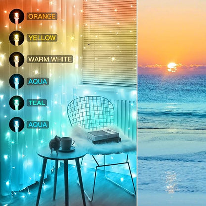 suddus Curtain Lights, 180 Led 6.5 * 5.9ft Sunset Curtain Fairy Lights USB, Hanging Lights for Bedroom, Backdrop, Room Decor, Wall, Window, Party, Tapestry, Multicolor