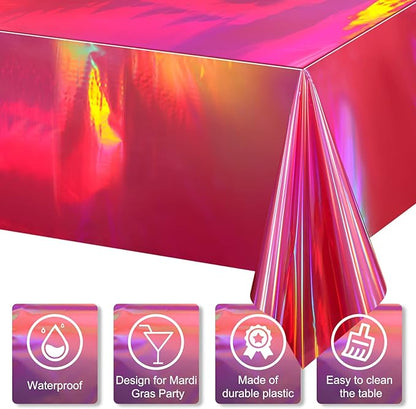 8 Pack Hot Pink Iridescence Plastic Tablecloths Shiny Disposable Laser Rectangle Table Covers Holographic Foil Tablecloth Iridescent Party Decorations Birthday Bridal Wedding Christmas, 54 x 108 Inch